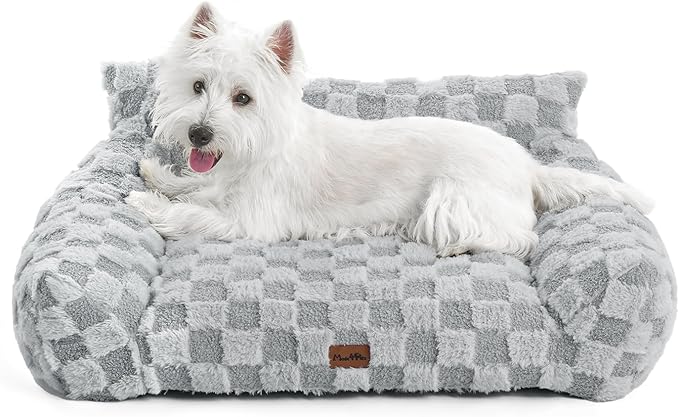 MADE 4 PETS Cat and Dog Couch Bed, Soft Faux Fur Checkered Pet Sofa, Cozy Fluffy Pet Sofa with Supportive Foam, Removable Washable Cover with Non-Slip Base, Gray, Medium