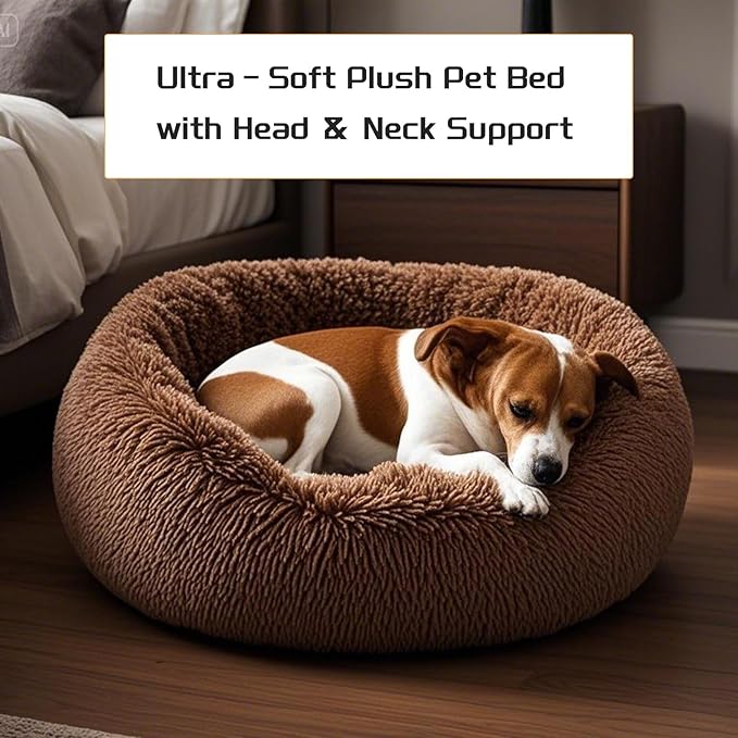 Comfort Donut Dog Bed for Small Dogs, Cat Bed & Pet Bed for Indoor Use, Medium Size with Soft Plush, Round Dog Beds for Large Dogs and Cats(Coffee, 32''Lx32''Wx8''Th)