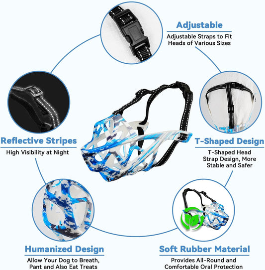 Dog Muzzle for Large Dogs, Breathable Basket Muzzles for Small, Medium and X-Large Aggressive Dog, Allows Panting Drinking, Suitable for Grooming Trimming Training (Camouflage Blue, XL)