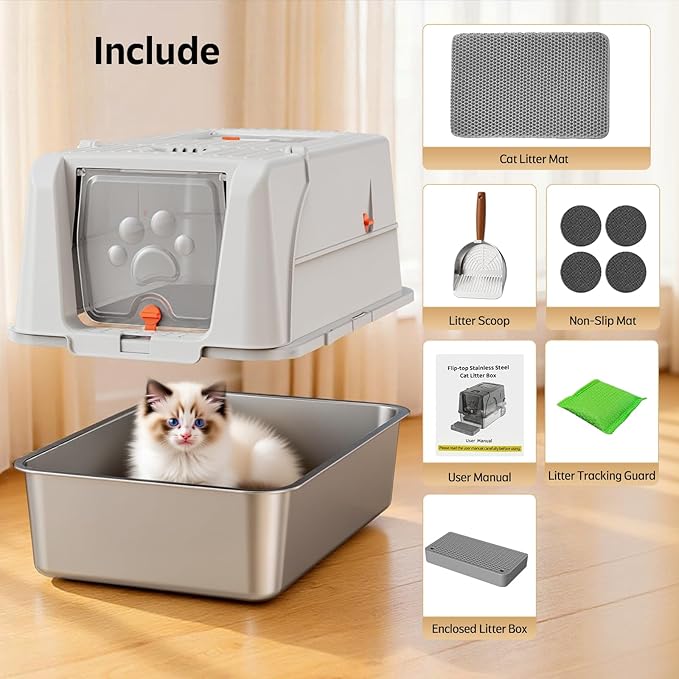 Stainless Steel Litter Box with Lid, XL Large Metal Box for Cats 180° Flip Cover, Non-Odor Enclosure Litter Box with Litter Scoop and Litter Mat (Non-Sticky, Easy to Clean, Anti-Urine Leakage)