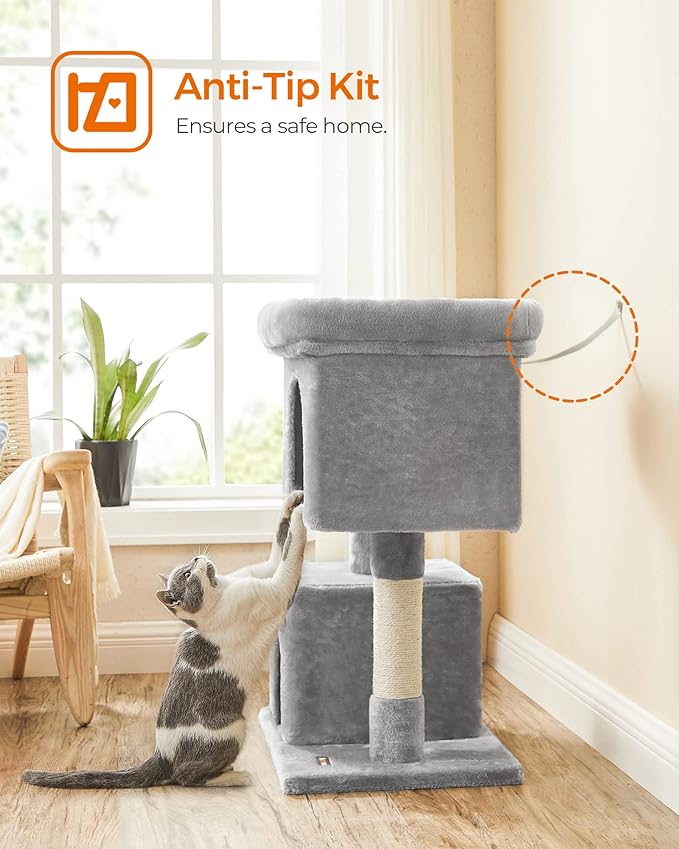 Feandrea Cat Tree, 33.1-Inch Cat Tower, L, Cat Condo for Large Cats up to 16 lb, Large Cat Perch, 2 Cat Caves, Scratching Post, Light Gray UPCT61W