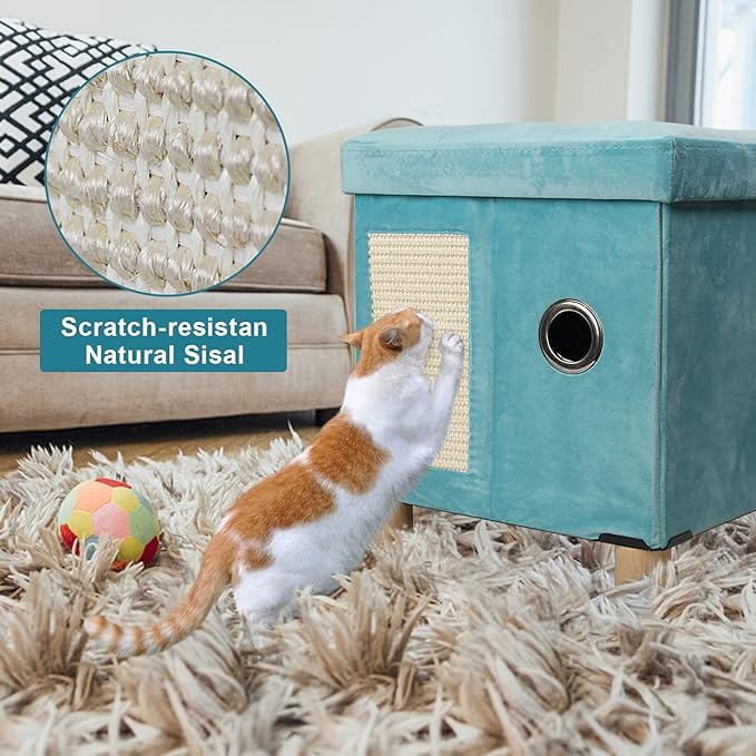 BRIAN & DANY Cat House for Indoor Cats, Cat Cave Bed for Pet, Cat Cube with Cat Scratch Board & Cat Ball, 14.7" x 14.1” x 12.7”, Green