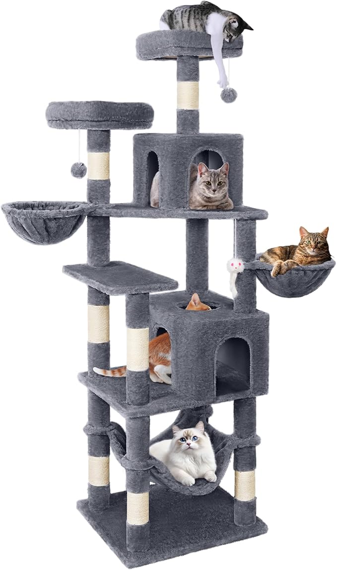 AMHANCIBLE Cat Tree, 70 Inch Tall for Indoor Adult Cats, Large Multi-Level Tower with Scratching Post, Hammock, Condos, Hanging Basket, Activity Center to Play and Sleep, Grey, PT18GY