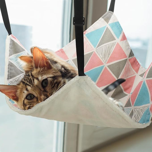 2 Pieces Reversible Cat Hanging Hammock Soft Breathable Pet Cage Hammock with Adjustable Straps and Metal Hooks Double Sided Hanging Bed for Small Dogs Rabbits(Geometry Pattern,L)