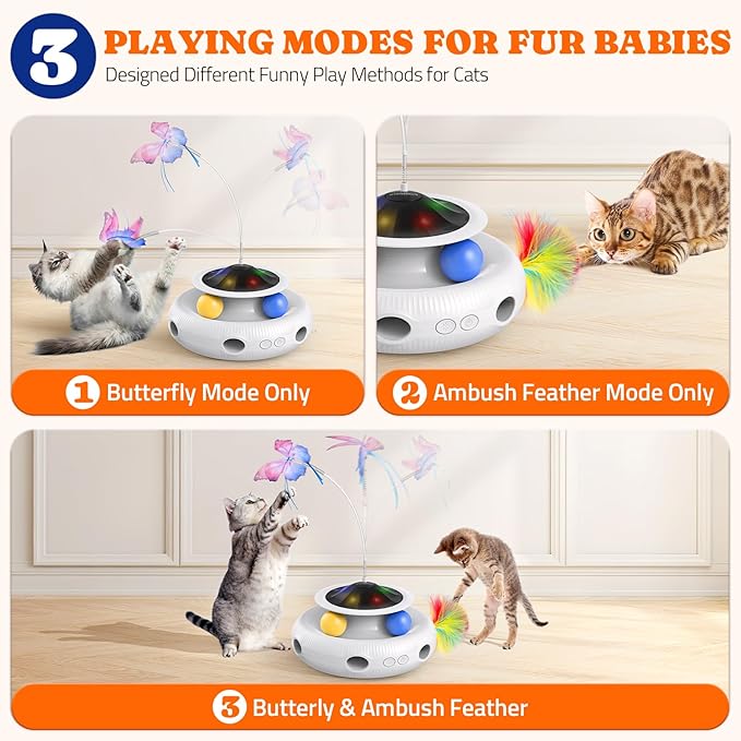 Pawtners Interactive Cat Toy: 4 in 1 Automatic Interactive Kitten Toys for Indoor Cats Rechargeable with Fluttering Butterfly, Track Balls and Ambush Feather
