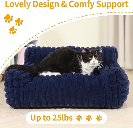 Extra Wide Fluffy Cat Bed, Small Dog Bed with Bone Shaped Pillow, Anti-Anxiety Pet Couch with Washable Cover, Blue