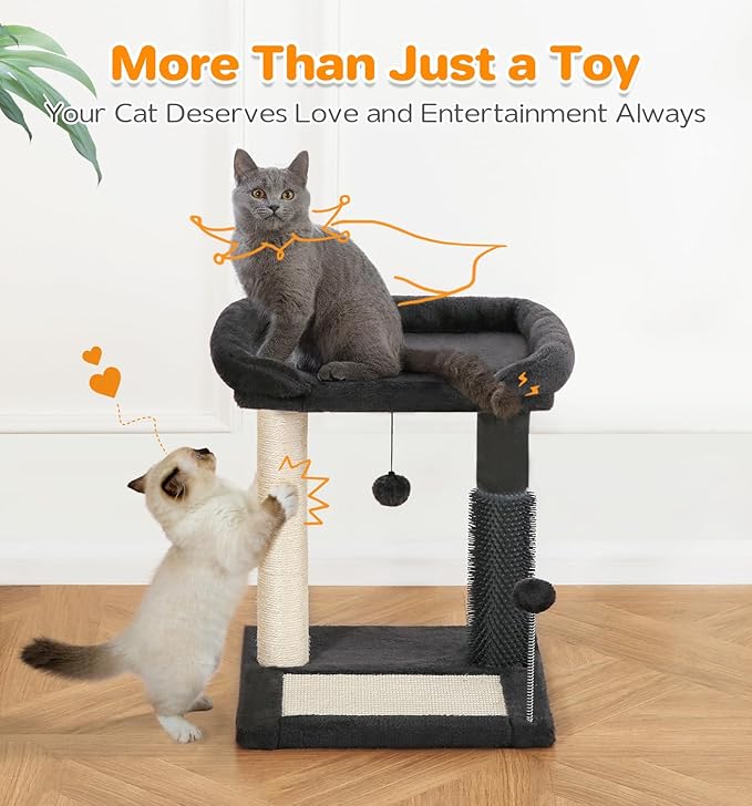 Made4Pets Small Cat Tree Tower, Cat Scratching Post 4-in-1 with Cat Self Groomer Brush, 20" Tall Natural Sisal Cat Scratcher, Soft Plush Cat Perch Bed with Dangling Ball for Indoor Kittens, Dark Grey