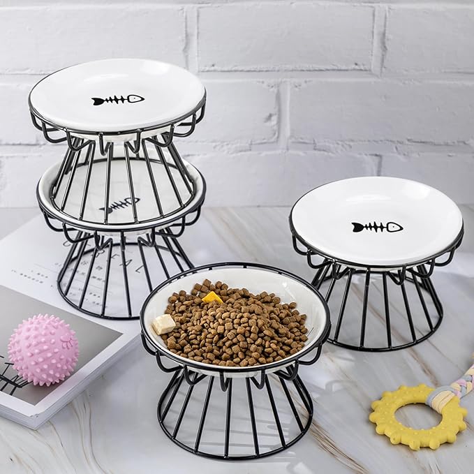 Roshtia 4 Sets Elevated Cat Bowls Ceramic Raised Cat Food Bowls with Metal Stand Dishwasher Safe Dishes Non Slip Elevated Food Plate(Black,Fishbone)
