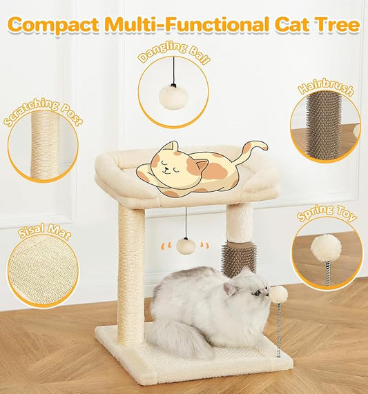 Made4Pets Small Cat Tree Tower, Cat Scratching Post 4-in-1 with Cat Self Groomer Brush, 20" Tall Natural Sisal Cat Scratcher, Soft Plush Cat Perch Bed with Dangling Ball for Indoor Kittens, Beige
