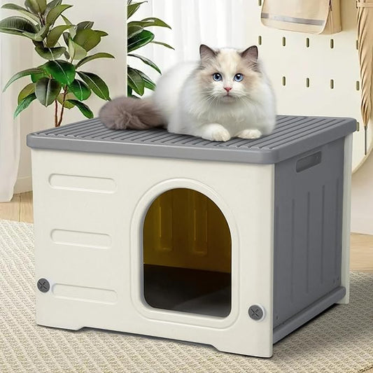 Hicaptain Cute Durable Cat Houses for Indoor Cats Plastic Feral Outdoor Cat House Puppy Shelter for Small Medium Pets-Grey