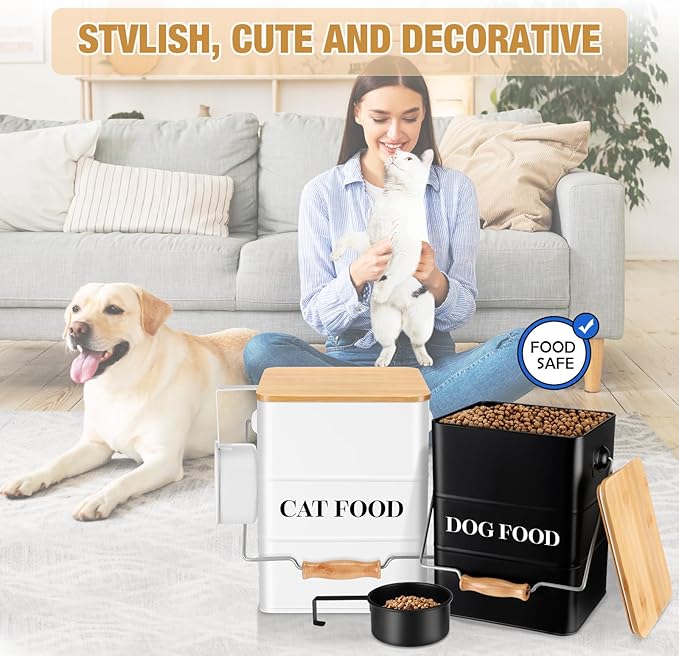 Tioncy 2 Pcs Metal Dog and Cat Food Storage Containers Big Pet Food Containers with Bamboo Lids and Spoon Airtight 5-7 Lbs Dog Cat Treat Snack Jars with DIY Labels for Kitchen Counter(White,Black)