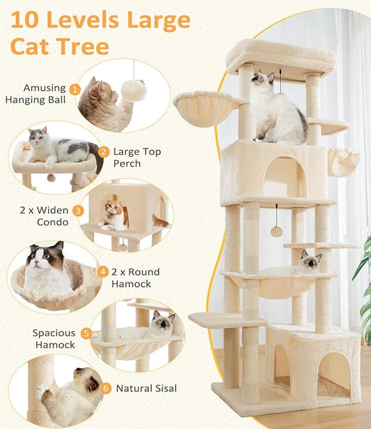 Cat Tree Large Cat Tower Tree 68" Multi-Level Cat Tower for Indoor Cats with Sisal Scratching Posts, Widen Cat Perche, Square Hammock, 2 Widen Condos, Scratching Posts, Beige