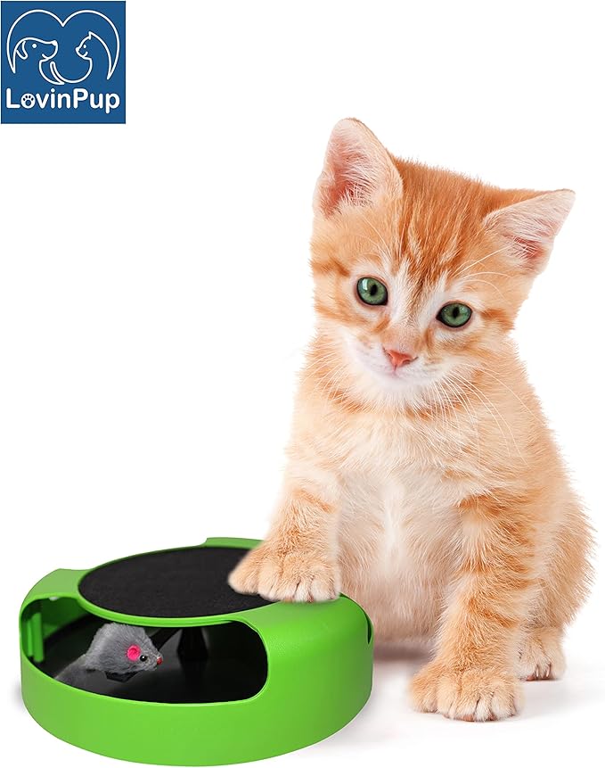 Interactive Cat Scratcher Toy with Spinning Mouse Toy for Cats, Toy with Scratching Board and Running Mouse, Fun Cat Stimulating Toy, No Batteries Required. Endless Fun for Your Kitties