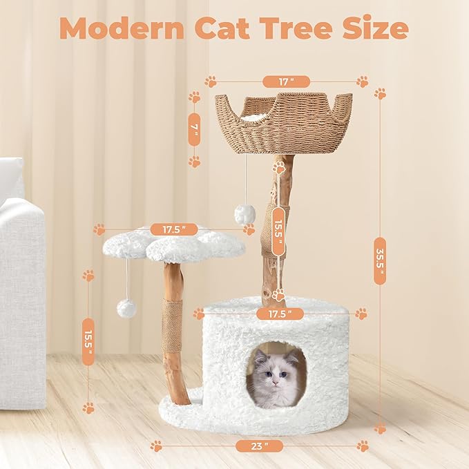 Easyego Modern Cat Tree, Aesthetic Wood Cat Tree Tower for Large Cats, Luxury Cat Condo with Scratching Posts and Flower Platforms, Cat Furniture by Easyego, (Rabbit Hair - White)