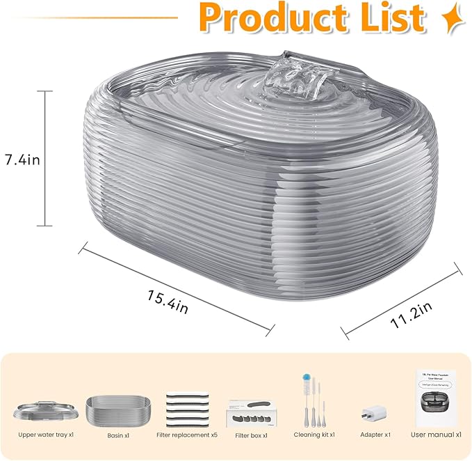 JMICOW 10L/2.6Gal/338oz Dog Water Fountain for Large Dogs, Dog Fountain Water Bowl, Pet Water Fountain with 5 Replacement Filters and 4 Cleaning Brushes (Grey)