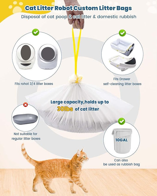 KONE Cat Litter Bags for Robot 3/4, 2 mil Thickened Drawstring Waste Drawer Liners Compatible with Most Self-cleaning Automatic Boxes - 57 Count Pet Kitten Poop Disposable Replacement Bag, 5-9 Gal
