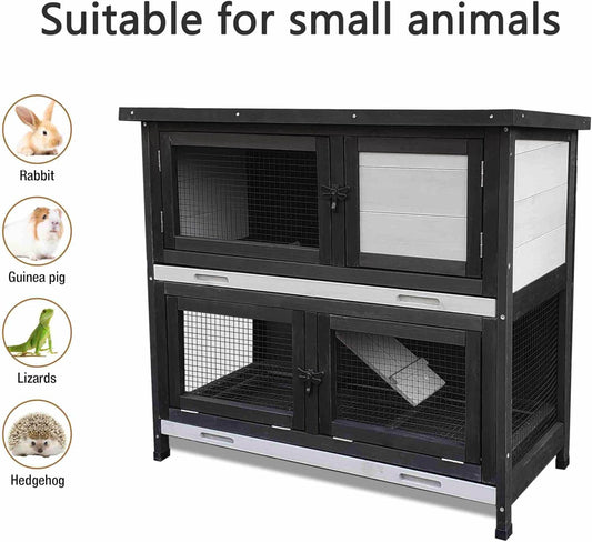 Double Level Solid Wood Rabbit Hutch Small Animal Cage for Rabbits, Guinea Pigs, Hedgehogs & Lizards Indoor/Outdoor– 2-Tier Eco-Friendly Habitat with Bedding Area, Durable & Easy to Clean