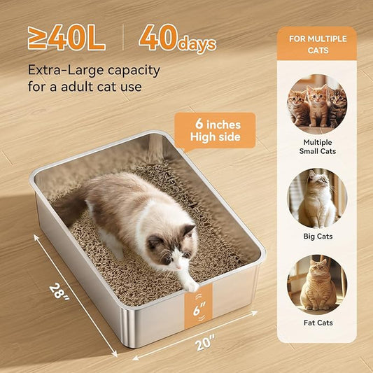 2 Pack Cat Pan Giant 28" Extra Large Stainless Steel Cat Litter Pan Metal Cat Litterbox for Big Cats and Multiple Cats, Anti-Leakage, Easy Cleaning