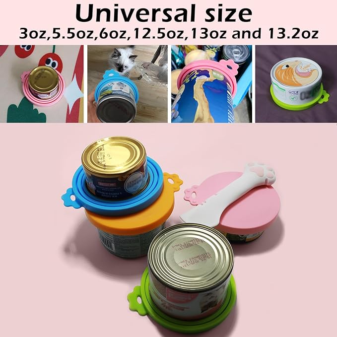 Food Can Spoon & Lids, One Multi-Functional Opener Spatula, 4 PCS BPA Free Silicone Universal Can Covers, Cute Paw Shape Spoon for Cat Dog Wet Food (Pink)