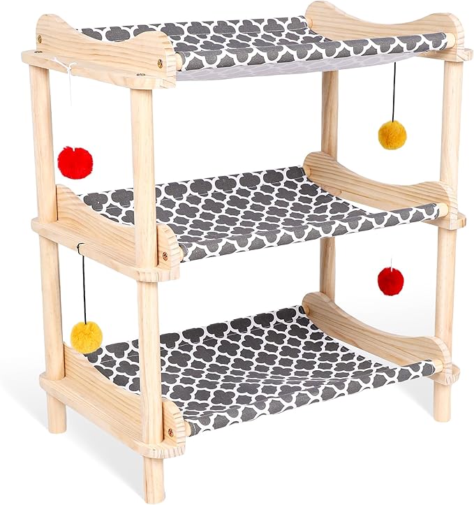 Large 3-Layer Cat Hammock Bed, 24"x15.7"x26.8" Elevated Cat Bed with Pine Wood Frame, Breathable Washable Covers, Wooden Pet Furniture for Indoor Cats and Small Animals(Grey, 3-Tier)