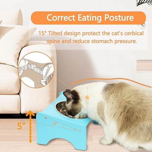 Elevated Cat Bowls,2 Stainless Steel Pet Food Water Feeder,15°Tilted Raised Pet Dish, Slanted Dog Bowl with Wood Stand for Kitty and Puppy,Wide 5.51" (Pink)