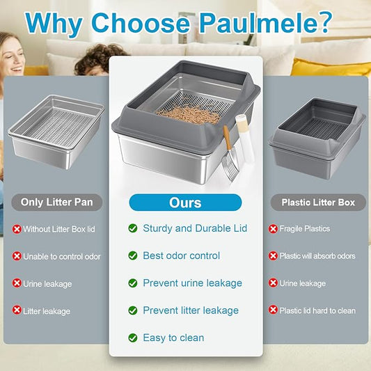 28''L×20''W×10''H XXXL Stainless Steel Sifting Litter Box with Lid,Sifting Cat Litter Box for Wood Pine Pellets,High Sides Sifter Litter Pan System,Odor Control,Easy to Clean,with Liners and Scoop