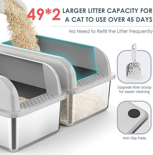 2 Pack 8" Deep Stainless Steel Litter Box with Lid, Extra Large & Deep Stainless Steel Cat Litter Box for Multipul Cats, Metal Litter Pan with Anti-Leakage High Wall, Litter Pan Easy Cleaning