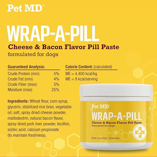 Pet MD Wrap A Pill Cheese & Bacon Flavor Pill Paste for Dogs - Make a Pocket or Pouch to Hide Pills & Medication 4.2 oz