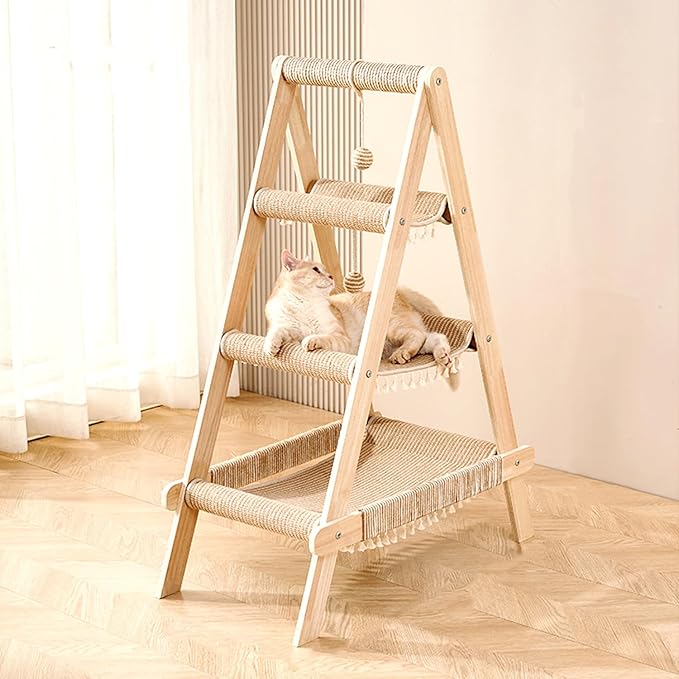 SHENGOCASE 3-Tier Modern A Frame Wooden Cat Tree Tower Ladder with Multi-Level Bed Hammock for Large Cat and Sctatching Post, Hanging Toy Ball (Beige)