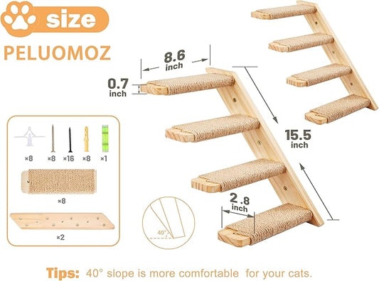 Cat Climbing Shelves Four Stair Shelf Wall Mounted Reversible Left & Right Direction, Cat Stairway Shelf for Climbing with Sisal Rope Ladder Wall Pets Furniture