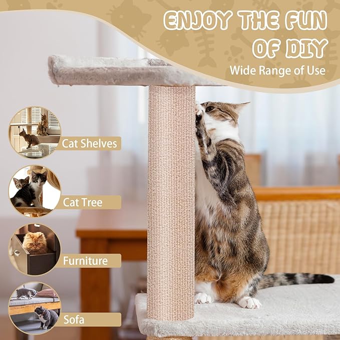 Climbing Cat Scratcher Mat Trimmable Cat Scratching Post Carpet 78.7’’x15.8’’ Self Adhesive Carpet Mat Pad Replacement for Cat Tree Shelves Post Couch Wall Furniture Steps DIY Protector (Beige)