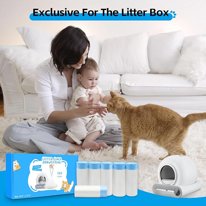 120 Count Self Cleaning Cat Litter Box Liners Bag Fit For MeoWant MW-SC01,MW-SC02, Drawstring Heavy Duty Litter Receptacles Bags Compatible with Automatic Cat Litter Box- 17.7" x 19.7"