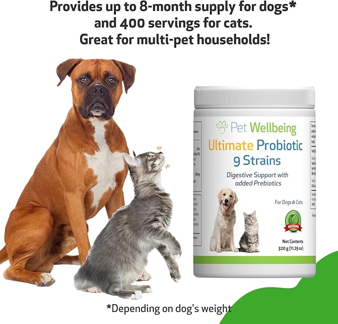 Pet Wellbeing Ultimate Probiotic 9 Strains for Dogs & Cats - Supports The Gut Microbiome and Digestion, Immune System Care, Urinary Tract Health, FOS, 2.5 Billion CFU - 11.29 oz (320 g) Powder