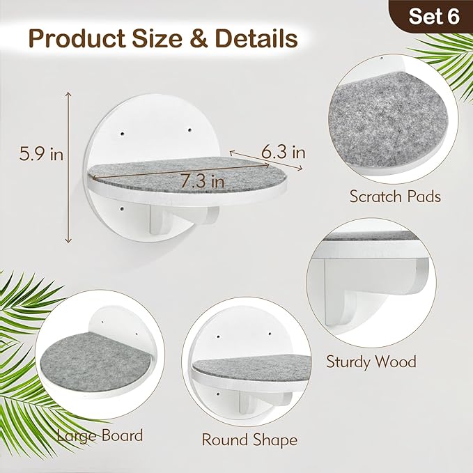 Y&ME 6-Pack Cat Climbing Shelves with Scratching Pad, Wall-Mounted Cat Furniture for Sleep, Climb, Play