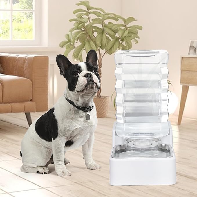 Sfozstra Dog Water Bowl Dispenser: 8L Lagre Automatic Gravity White Upgraded Pet Water Dispenser - Stainless Steel Bowl - BPA-Free - Two Caps and Filters for Multiple Pets