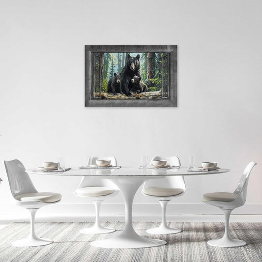 Black Bear Wall Art Forest Window Canvas Cabin Living Room Pictures Prints Animal Wall Decor Painting Artwork for Bedroom Dining Office Home 24"x16"