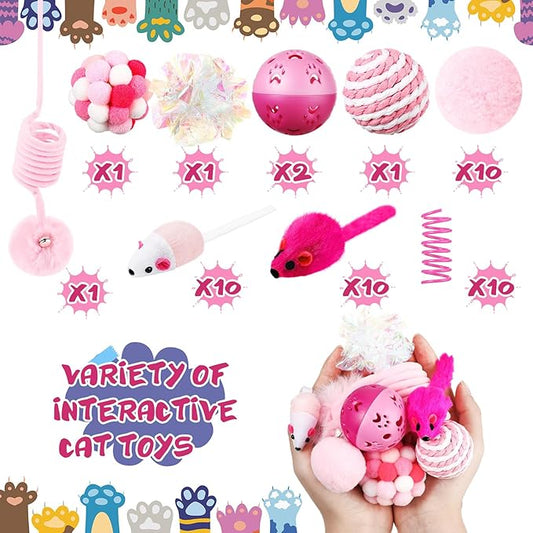 46 Pcs Cat Toys Set Interactive Cute Cat Toys Include Fur Mice Rattle Springs Crinkle Balls Pompom Bell Sisal Ball Puzzle Chase Toys for Kitten Indoor Stuff Gift(Pink)