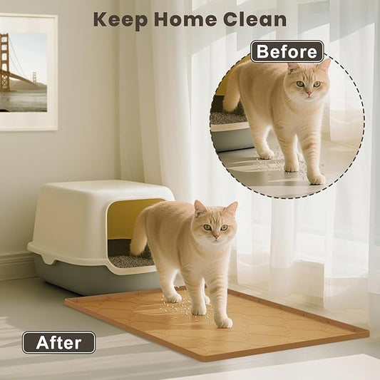 Cat Mat for Litter Box, 34" X 22" Large Silicone Cat Litter Trapping Mat, Easy Clean for Scatter Control, Soft on Kitty Paws, Waterproof, Urine-Proof, Non-Slip Kitty Litter Mat for Floor, Brown