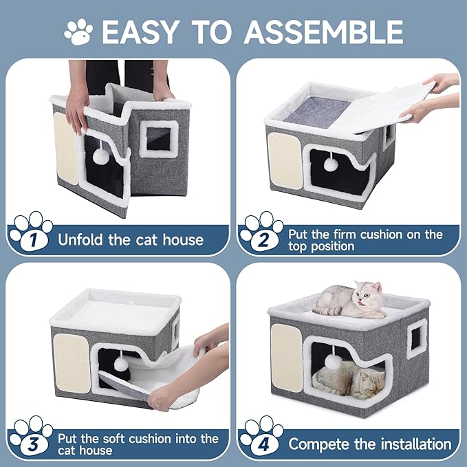 Cat Beds for Indoor Cats, Large Cat Cave with Cozy Hideout, Scratch Pad, Fluffy Ball Hanging, Foldable Cat Hideaway Hold Up to 30LBS, Indoor Cat House with Reversible Soft Cushions for All Seasons
