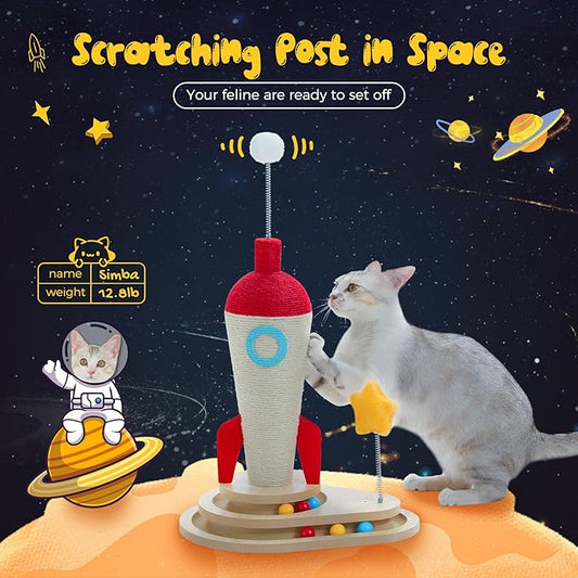 PETEPELA Cat Scratching Post, Rocket Sisal Cat Scratcher, 24.8'' Cute Scratching Post with 2-Layers Wooden Track Cat Toys & Spring Pompom for Indoor Cats Adults