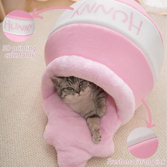 Honey Pot Cat Cave Bed, Soft and Thick Rebound Sponge Pet Nest with Removable & Washable Cushion, Cute Cartoon Design for Small Cats and Breeds - Pink