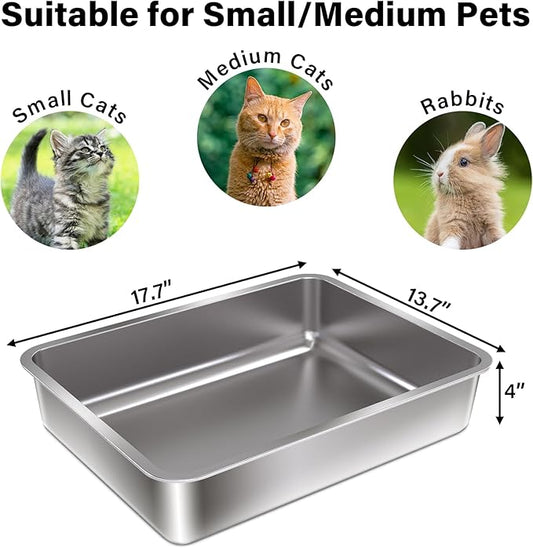 Stainless Steel Litter Box 2 Pack- 17.7" L x 13.77" W x 4" H Metal Cat Litter Box,Non Stick, No Smell,Easy to Clean,Metal Litterbox for Kitten,Elderly Cats,Bunny