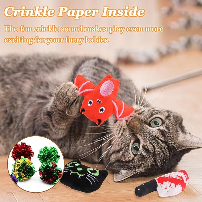 LOMIMOS 6Pcs Halloween Catnip Toys,Cat Toys Chew Bite Plush Toy with Crinkle Paper Kitten Pumpkin Spider Bat Knife for Indoor Interactive Play & Exercise