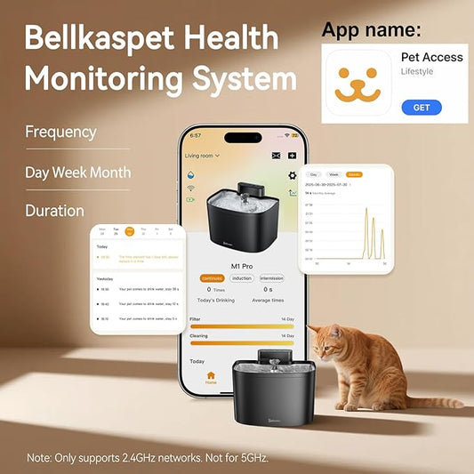 Cat Water Fountain, App Control Cat Fountain, 122oz/3.6L Pumpless Water Fountains for Cats Indoor with Stainless Steel Tray, Wi-Fi Dog and Pet Water Fountain (Black, Fountain+8 Fliters)