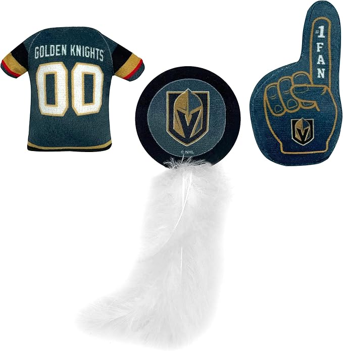 Best Plush CAT Toy NHL LAS Vegas Golden Knights Complete Set of 3 Piece Cat Toys Filled with Fresh Catnip. Includes: 1 Jersey Cat Toy, 1 Hockey Puck Cat Toy with Feathers & 1#1 Fan Cat Toy. Team Logo
