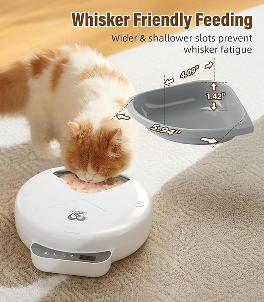 Casfuy Battery-Operated Automatic Cat Feeder - Whisker Friendly Automatic Cat Food Dispenser for Wet Dry Food Cordless 4-Meal Auto Feeder for Cats Small Dogs with Programmable 12H/24H Format Timer
