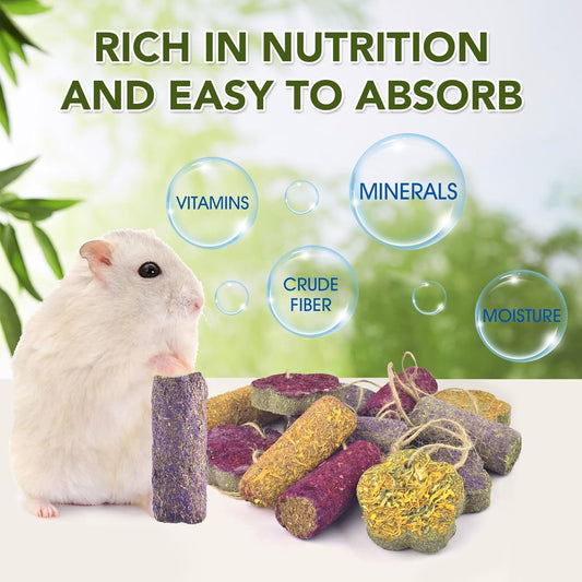 12PCS Rabbit Chew Sticks, Hanging Chew Sticks & Cakes Timothy Hay Rose Chrysanthemum Treat for Bunny Chinchilla Guinea Pig Hamster and Other Small Pets Molar Snack Toy