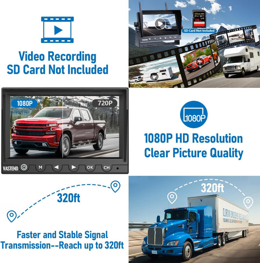 7 Inch RV Backup Camera Wireless, HD 1080P DVR Backup Camera High-Speed Rear View Observation System Stable Signals for RVs, Trucks, Trailers, IP69 Waterproof IR Night Vision