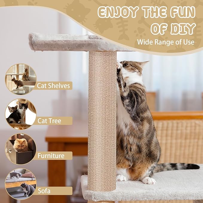 Climbing Cat Scratcher Mat Trimmable Cat Scratching Post Carpet 157.4’’x15.8’’ Self Adhesive Carpet Mat Pad Replacement for Cat Tree Shelves Post Couch Wall Furniture Steps DIY Protector (Beige)