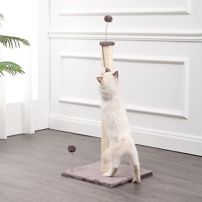 CTR1010A Rylie 38" Farmhouse Sisal Pillar Cat Scratching Post with Fuzzy Toys and Spring Balls, Gray/Cream